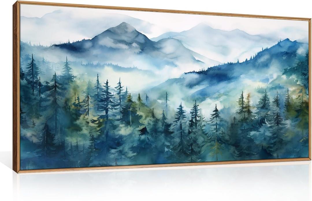 Blue Ridge Mountains Forest Framed Canvas Wall Art Set, Natural Landscape Wall Decor, Green Pine Trees Wall Painting, Woodland Artworks for Living Room, Bedroom, Dining Room - 20"x40"