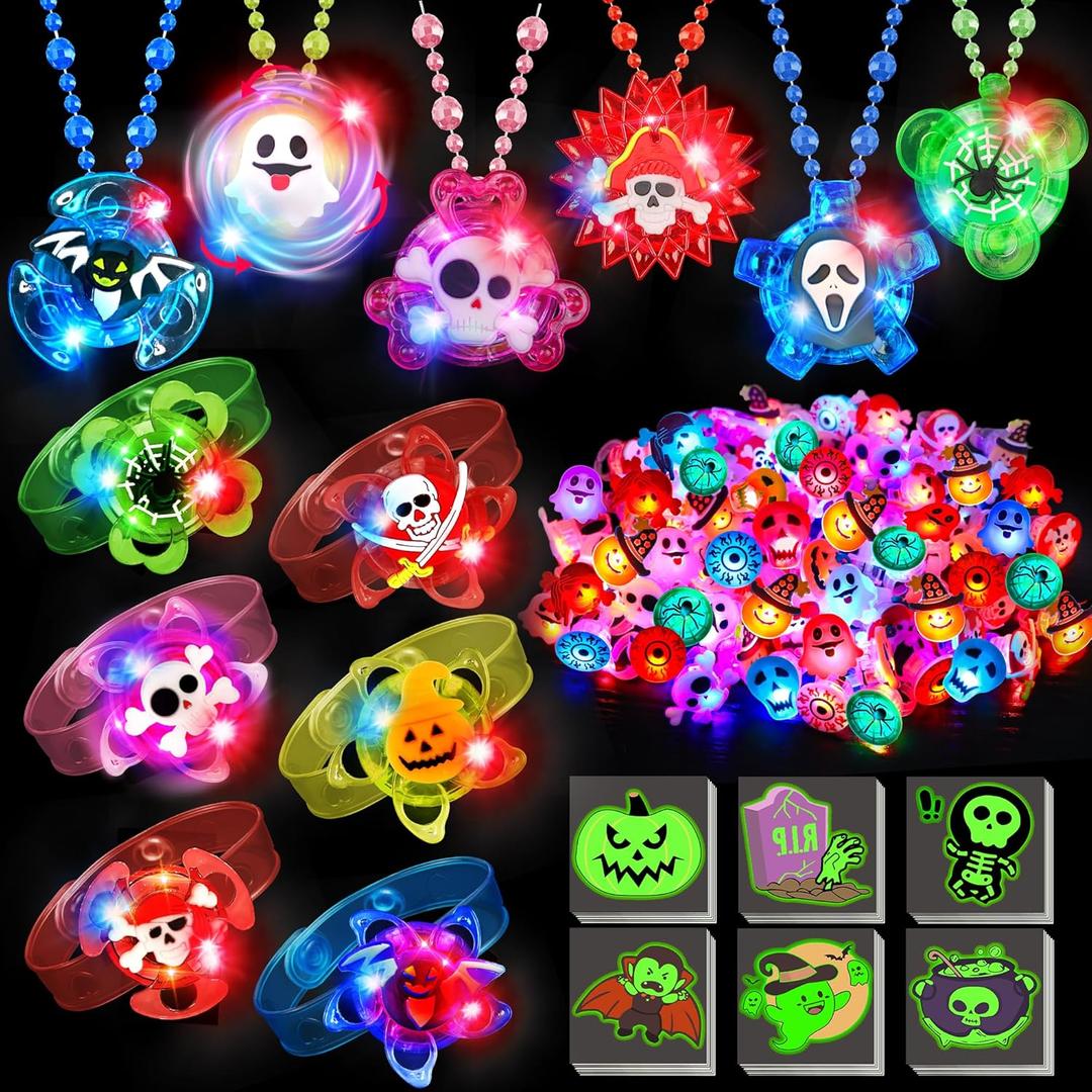 100 PCS Halloween Party Favors for Kids Halloween Glow in The Dark Toys Bulk Party Supplies Light Up Spin Necklace Bracelet LED Ring Halloween Goodie Bag Fillers Treats Classroom Prizes Trick or Treat