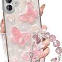 for iPhone 17 Glitter Butterfly Case,Cute Girly 3D Flowers Floral Crystal Pearl Bling Sparkle with Wrist Strap Chain Soft TPU Silicone Aesthetic Women Girls Phone Case for iPhone 17 6.3",Pink