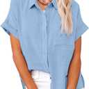 Womens Cotton Linen Button Down Shirts Short Sleeve Dress Shirts Casual Summer Tops Blouses with Pockets (X-Large, Sky Blue)