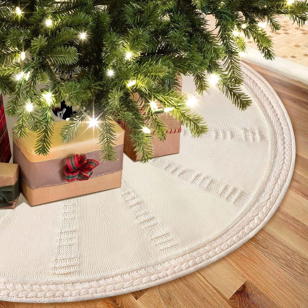 EIMMBD Christmas Tree Skirt, 48 inches Cable Knit Knitted Thick Rustic Christmas Tree Decoration for Xmas Indoor Home Holiday (Cream)