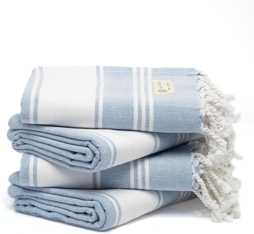 Salt Earth Cotton Turkish Beach Towel (Set of 4, 36"x72") - Soft, Quick Dry, Sand Resistant, Absorbent Towels for Bathroom, Home, Travel, Pool, Spa, Bath, Swim - Beach Towels Oversized (Sky Blue), Pack of 4