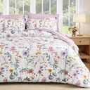 DJY Queen Comforter Set, White Botanical Floral Bedding Comforter Sets Queen Size for All Seasons, 7 Pieces Bed in a Bag Lightweight Microfiber Comforter Set with Sheets Pillowcases & Shams
