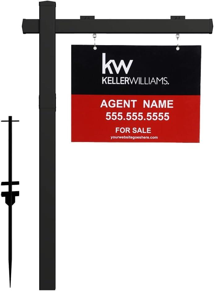 Vinyl PVC Real Estate Sign Post 6' Tall (4"x 4"x 72"), Realtor Yard Sign Post with Flat Cap for Open House and Home for Sale, 47" Arm Holds Up to 36" Sign, Black (No Sign) (72"X47", BLACK)