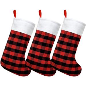allydrew Christmas Buffalo Plaid Stockings with Plush White Cuff, Hanging Fireplace Holiday Decoration (Set of 3), Red