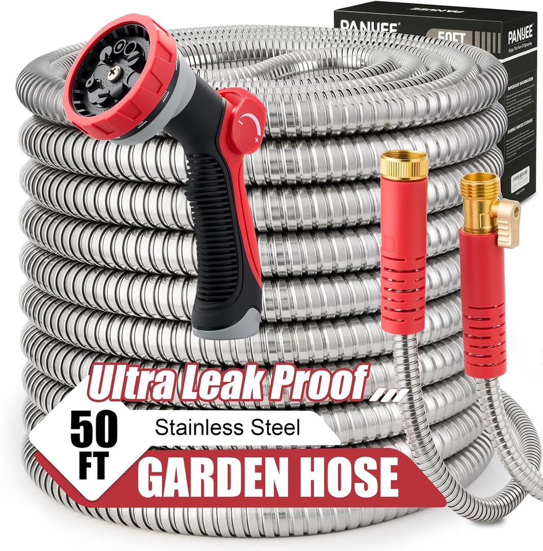 Stainless Steel Garden Hose 50ft, Heavy Duty Water Hose with 10 Functional Nozzles, No Kink, Lightweight and Flexible, Strong and Durable, Suitable for Outdoor,Yard and Lawn
