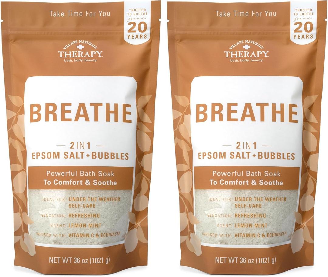 2 x Village Naturals Breathe Foaming Body Soak, Epsom Salt, Essential Oils, Soothing Bubbles, Sea Salt 36 oz, Pack of 2