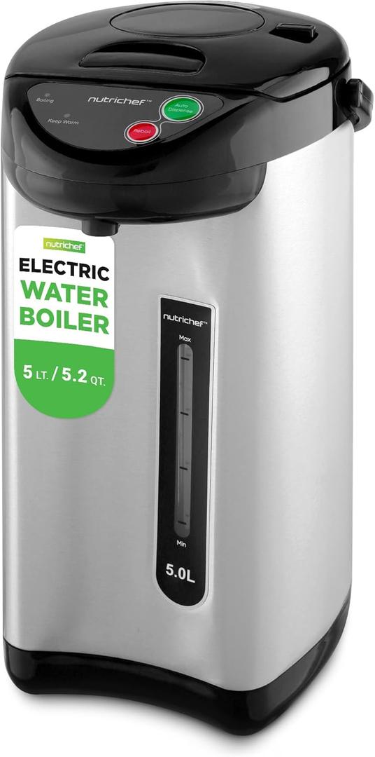 NutriChef 5.2 Qt Electric Water Kettle, Portable, Quick Heating, 5 Liter Digital Kettle with 5 Temperature Settings, Safety Lock, Stainless Steel, 3 Dispensing Options, 8.46" x 11.2" x 16.5"