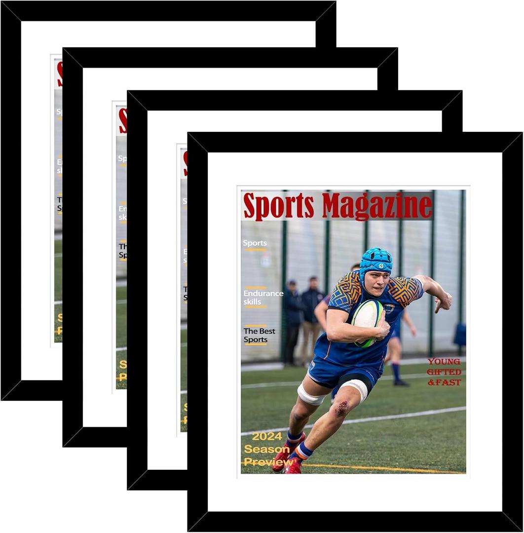 4 Pack Sports Magazine Frame Display 8.5 x 11.25 or 8.25 x 11 Magazine with 2 Sizes Mat, or 11x14 Photos without Mat, Magazine Display Frame with Shatter Resistant Plexiglass for Wall Hanging, Black