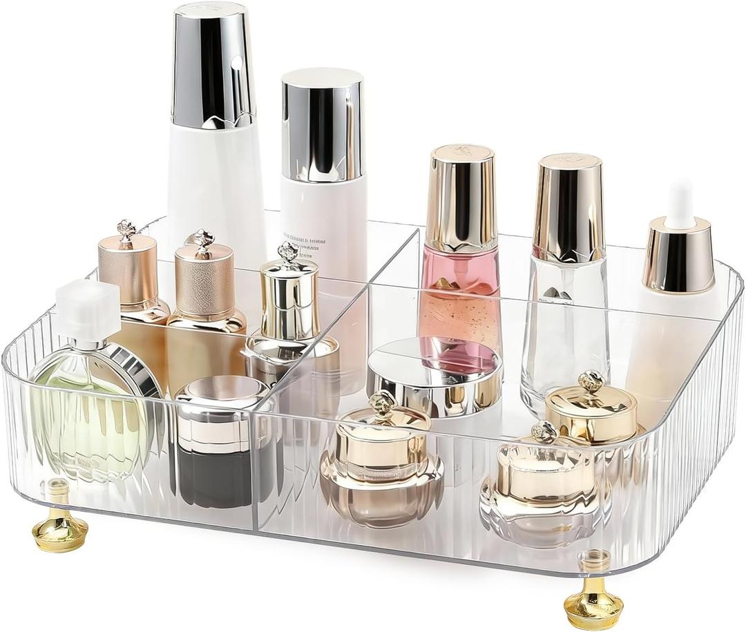 DASITON Makeup Organizer Countertop for Vanity, 5 Slots Makeup Brush Holder Organizer, Vintage Makeup Perfume Tray Cosmetic and Skincare Organizers for Bedroom Bathroom Counter, Desk Storage (Clear)