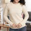 Womens White Crew Neck Sweater Long Sleeve Knit Pullover Top, Soft Fitted Winter Sweater for Women (Beige, M)