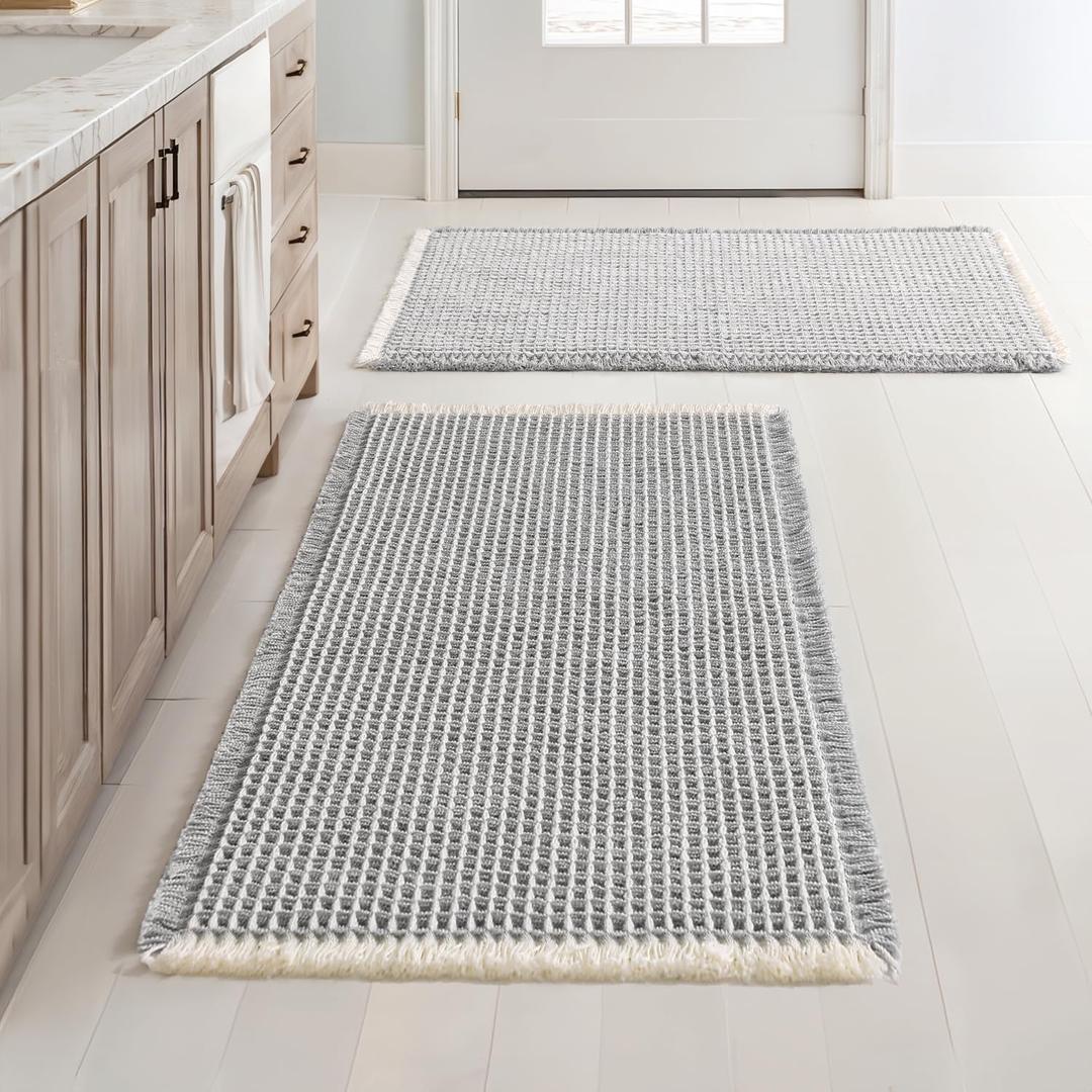 MIULEE Set of 2 Waffle Bathroom Rugs, Boho Bath Rugs Non Slip Washable, Super Absorbent Bath Mats, Ultra Soft Rubber Backed Shower Mats for Bathroom Floor, Tub, LightGrey & Cream, 18x30 Inch