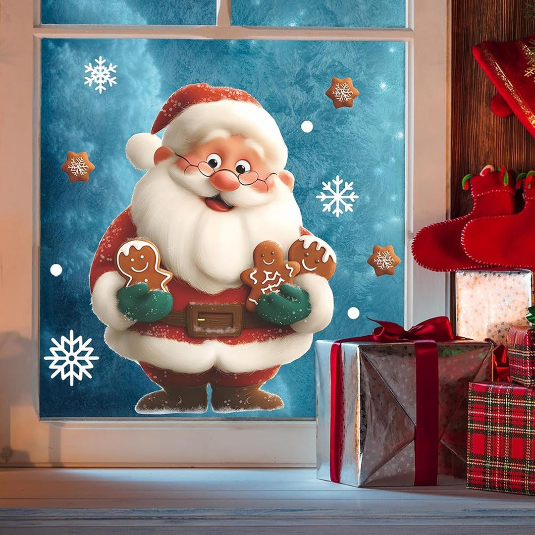 Christmas Window Clings for Glass 1 Sheet Santa Window Decals with Gingerbread Man Designs Window Stickers Cute Windows Cling for Winter Party Supplies Home School Office Glass Decorations