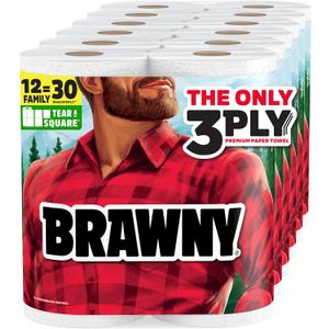 Brawny Tear-A-Square 3-Ply Paper Towels, 12 XL Family Rolls = 30 Regular Rolls, Strong, Absorbent, and Durable with 3 Sheet Sizes (Quarter, Half, Full)