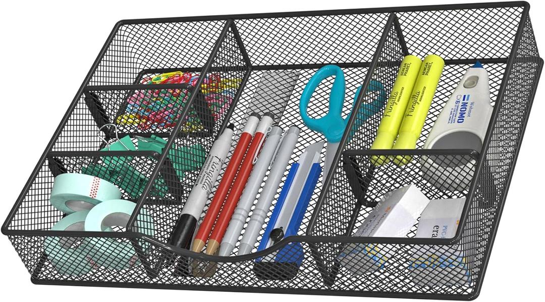 Desk Drawer Organizer Tray, Metal Mesh Drawer Organizers Office, 6 Adjustable Compartment, Desk Organizer Tray for Home Office 12 x 8.26 x 1.96 inch, Black, 1 Pack