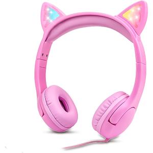 Olyre Girls Headphones with LED Light Up Cat Ears and Sharing Port 85db Volume Limited Kids Headphones,On-Ear LED Children Earphones for School Learning Travel - All Pink