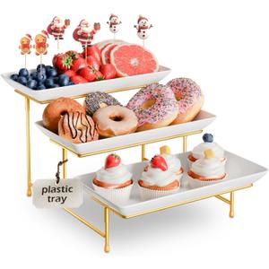 3 Tier Plastic Serving Tray for Party, 11.5" x 5.6" Platters for Serving Food, Microwave-Safe, White Reusable Trays with Black Metal Display Stand for Cupcakes, Dessert, Fruit, Cookie, Gold