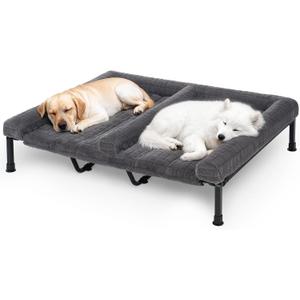 Veehoo Fluffy Plush Double Dog Couch Bed for Two Large Dogs, Washable Elevated Dog Beds with Removable Bolster Cushion, Cooling Raised Pet Cot with Breathable Mesh, No-Slip Feet, 59 x 37 inches, Grey