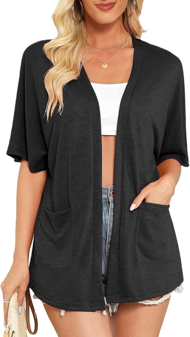 Veryoung Women's Short Sleeve Open Front Cardigan Lightweight Summer Thin Cardigans with Pockets Casual Loose Cover Up Tops, XXL