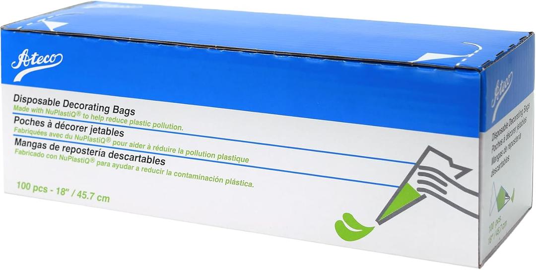 Ateco 4418 Plastic Disposable Piping and Cake Decorating Bags with NuPlastiQ, Pack of 100, Clear (White)