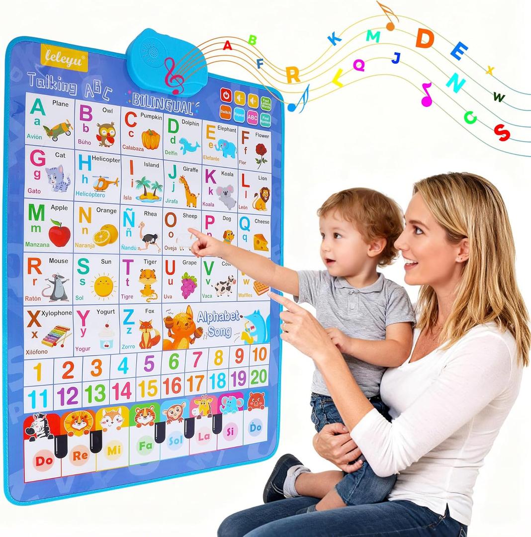 Spanish Alphabet Talking Wall Chart for Toddlers 1-6, Bilingual Learning Poster with English Translation, ABC 123 Learning Poster, Interactive Musical Toy, Educational Gift for Kids 3+ & Autism