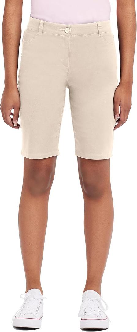 IZOD Juniors Uniform Bermuda Shorts, Skinny Style with Hook & Eye Closure, Stretch Twill Fabric (Beige)