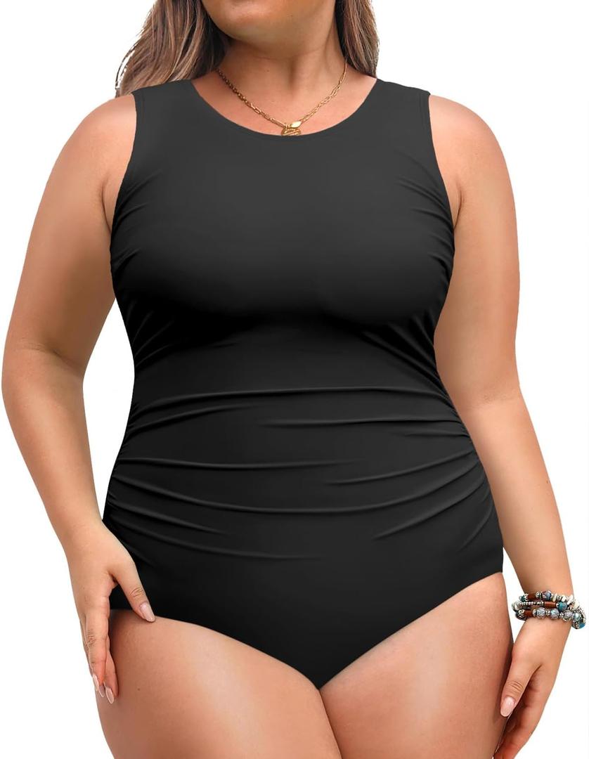 Daci Women Plus Size One Piece Swimsuit Tummy Control Athletic Bathing Suit Slimming Swimwear 22 Plus (Black)