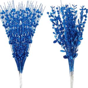 24-Pack Christmas Tree Picks Ornaments, Artificial Glitter Berry Stem Glittery Twigs Ornaments for Christmas Tree Decorations, Small Vase, Holiday, Wedding, Party Decorations (Blue)