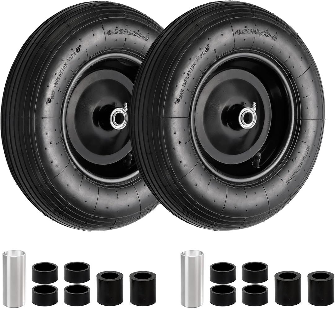 RRQ (2 Pack) 4.80/4.00-8 Tire and Wheel, 16" Pneumatic Wheelbarrow Tires with 3" Centered Hub and 3/4" Bearings (Comes with 5/8" ID Iron Tube Adapter), for Wheelbarrow, Garden Cart, Trailer and More