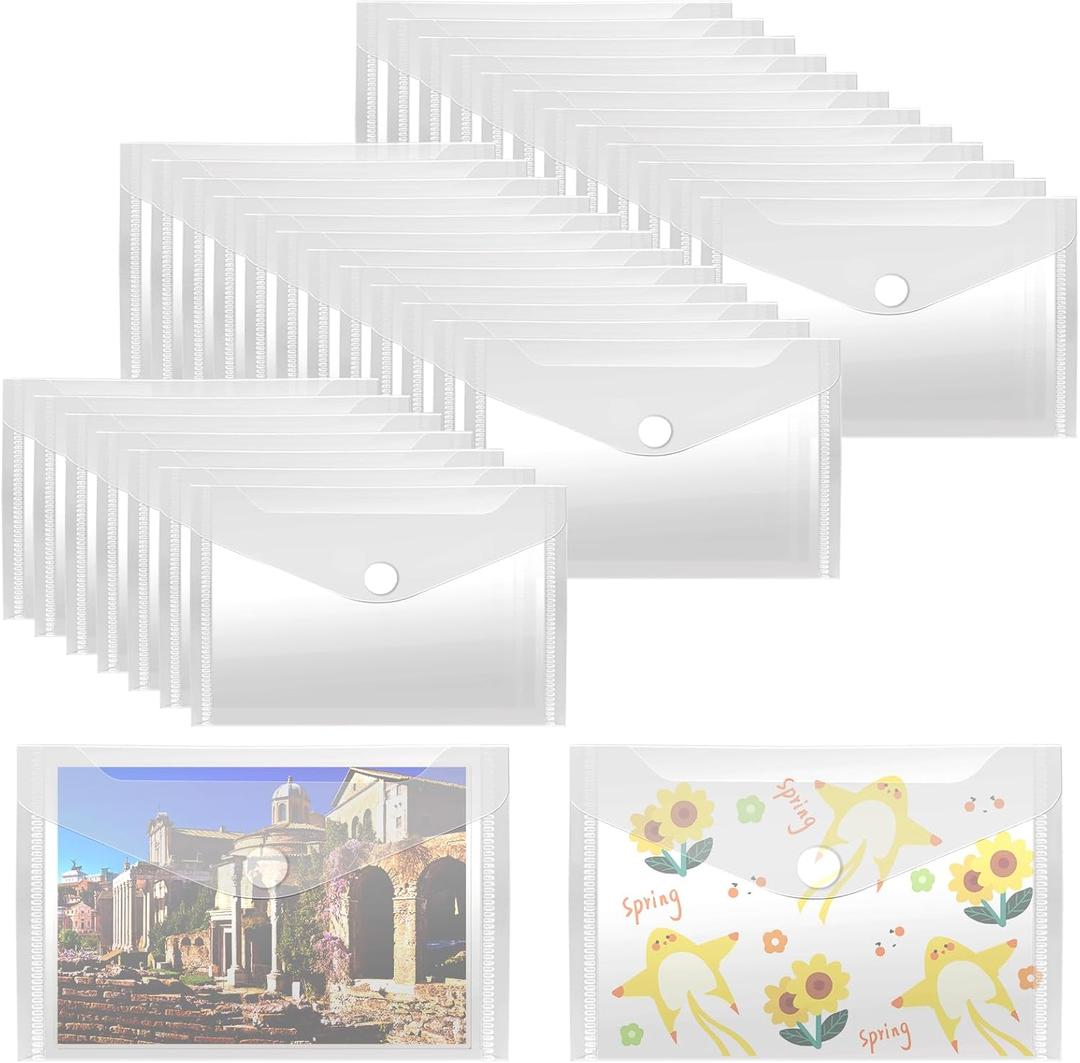 Vmiapxo 40 Pack Stamp and Die Storage Pockets, Reusable Small Plastic Envelopes Waterproof Sticker Organizer Receipt Holder Photo Storage Folders (4" x 6") (Clear)