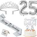 25th Birthday Decorations for Women Silver with 25th Birthday Sash and Crown, Cake Topper and Candles, Number Balloons, 25 Year Old Gifts for Women, Silver Party Decor Supplies