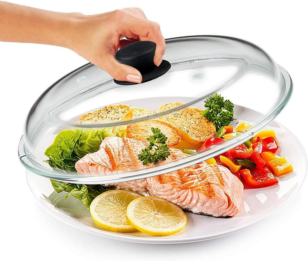 Bezrat Microwave Glass Plate Cover | Splatter Guard Lid with Easy Grip Silicone Handle Knob | 100% Food Grade | BPA Free and Dishwasher Safe | Fits Plates and Bowls 11 x 2 inches (Black)