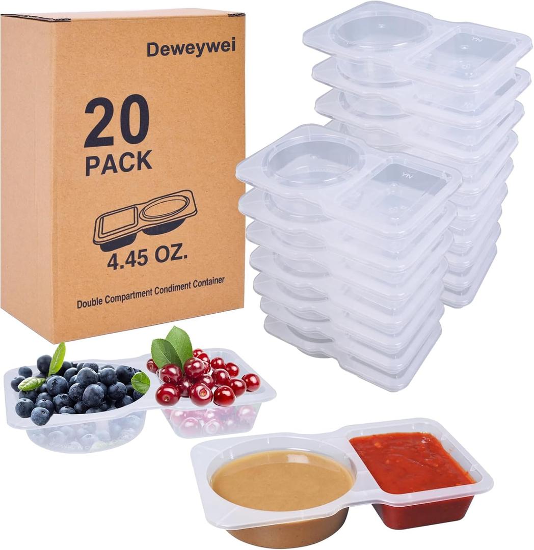 20sets Double Compartment Condiment Containers with Lids, snack box containers, Portion Cups Plastic perfect for to-go Sauce, Sampling, Dressing, Travel Snack
