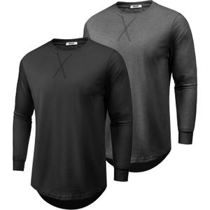 COOFANDY Mens Cotton Hipster Hip Hop Longline Crewneck T Shirts Casual Long Sleeve Tees Curved Hem Gym Shirts (Black)