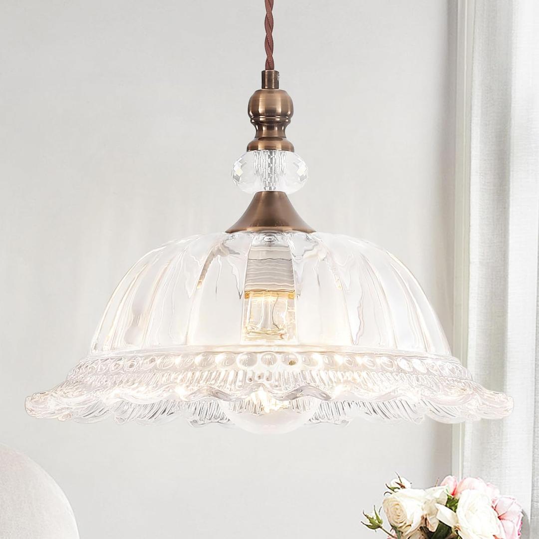 Vintage Pendant Light Fixtures for Kitchen Island Brass Gold 10.6" Glass Small Pendant Lights Adjustable Hanging Light for Hallway Porch Sink Table