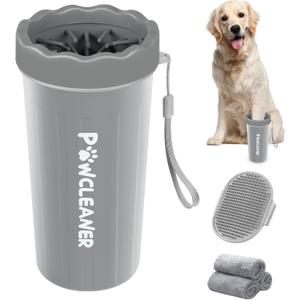 Comotech Dog Paw Washer with Bath Brush - Large, Grey (with 3 Absorbent Towels, Adjustable Handle for Long & Short Haired Dogs)