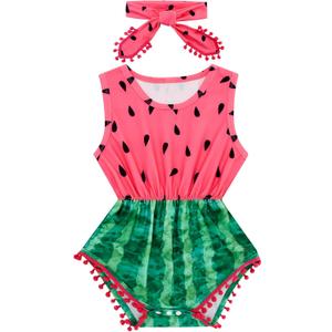 UNICOMIDEA 0-24 Months Baby Floral Romper Infant Playsuits Headband Jumpsuit Toddlers Outfits (A10-pink Green)