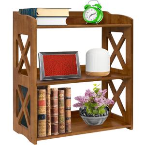Pink Bookcase by Natural Wood, 4 Tier Bookshelf, Small Book Shelves Freestanding Display Storage Shelves. Open Bookshelf for Bedroom, Living Room and Office (Brown, 3 Tier)