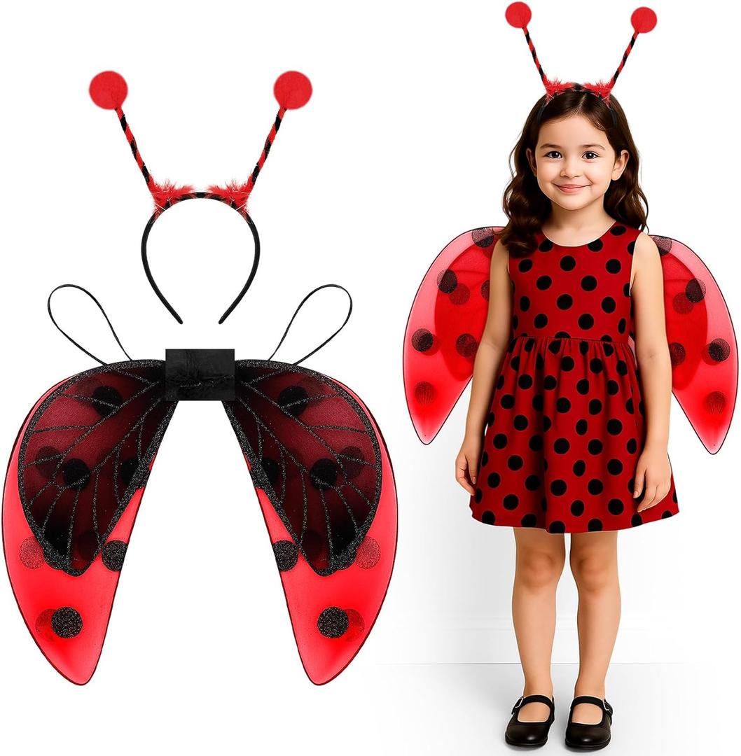 Haysandy 2 Pcs Ladybug Bee Insect Costume for Kids Toddler Lady Bug Bee Wings Headband for Boys Girls Role Playing Cosplay