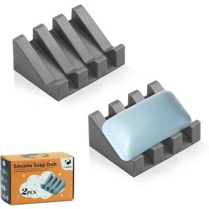 Self Draining Soap Dish Holder,Silicone Soap Dish,for Bathroom,Kitchen, SpongesCan Extend Soap LifeKeep Soap Bars Dry and Easy Cleaning (2, Grey)