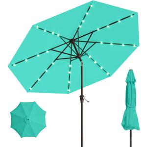 9FT Solar Umbrella 32 LED Lighted Patio Umbrella Table Market Umbrella w/Tilt and Crank, UV-Resistant Outdoor Umbrella for Pool, Garden, Deck, Turquoise Blue