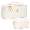 CLOUDWINGS Birthday Gifts for Women Teen Girl, Personalized Initial Makeup Organizer Bag Set, Open Flat Travel Cosmetic Bag With Clear Divider and Handle(Beige,J)