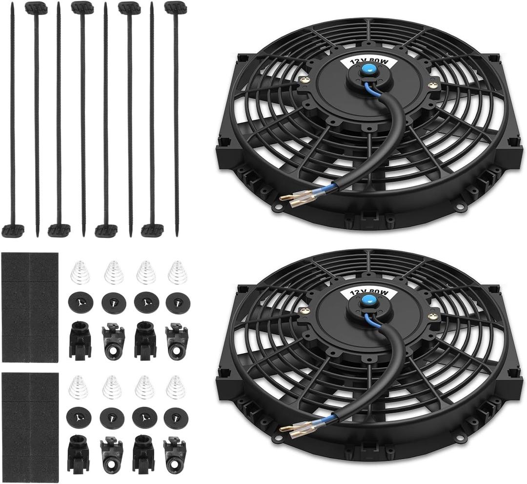Auto Dynasty Universal 10 Inches High Performance Electric Slim Radiator Cooling Fan with Mounting Kit, (Pack of 2) 12V, Black