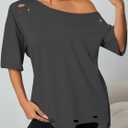 Remidoo Women Distressed Ripped Off the Shoulder Tops Summer Sexy Short Sleeve Oversized Tshirt (Gray, S)