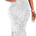 VERWIN Sequins Fashion Sleeveless Oblique Collar Mermaid Women's Maxi Dress Bodycon Dress Party Dress (XX-Large, White)