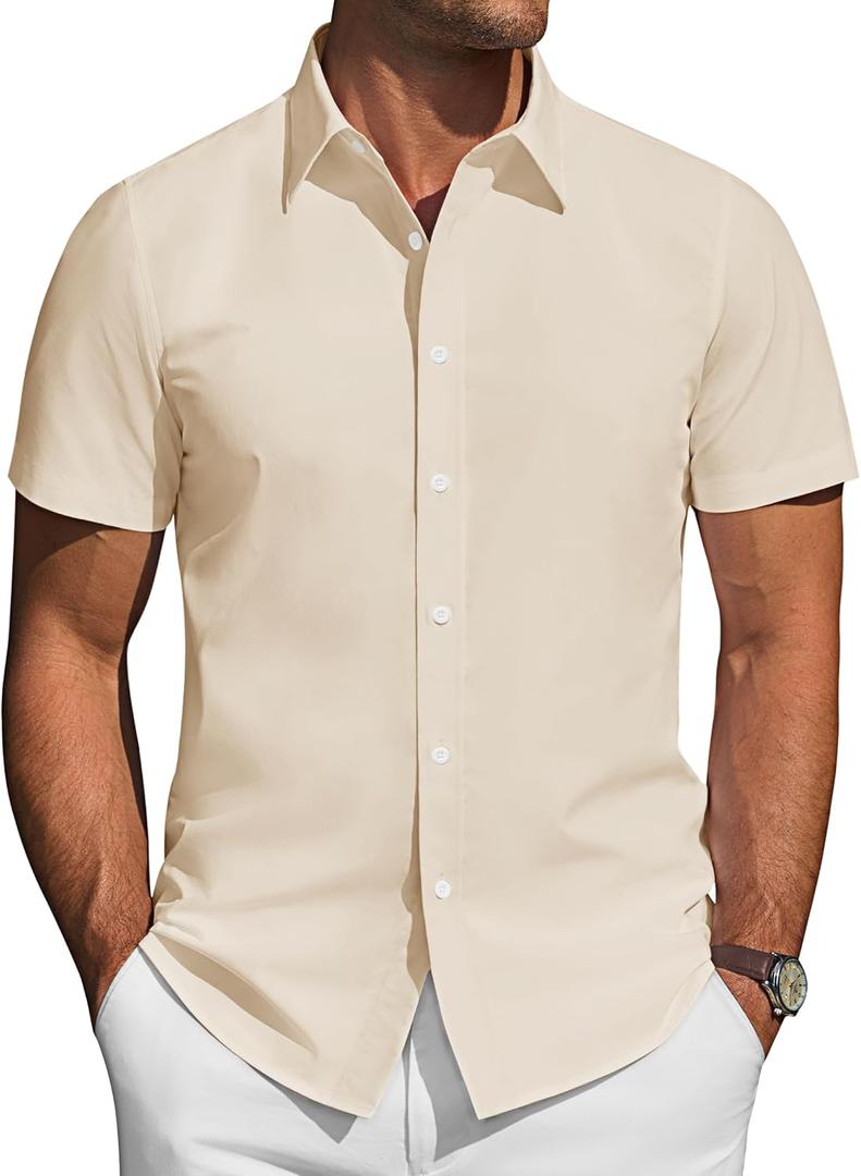 J.VER Mens Short Sleeve Button Down Shirt Stretch Business Casual Dress Shirts Solid Summer Wedding Prom Tops (X-Large, Cream Ivory)