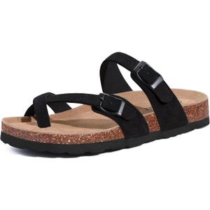 Litfun Women's Genuine Suede Cork Footbed Sandals Comfortable Summer Slides with Adjustable Buckle, Size 10