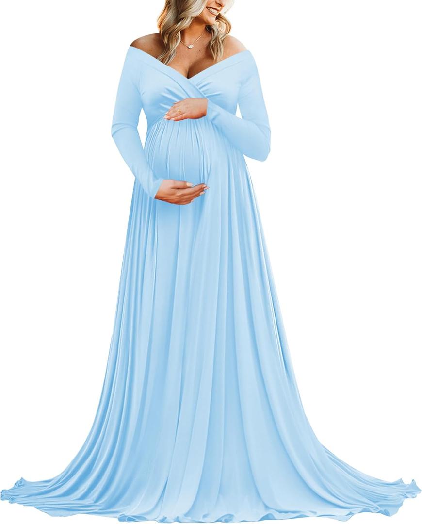 Saslax Maternity Off Shoulders Half Circle Gown for Baby Shower Photo Props Dress (N-light Blue 59)