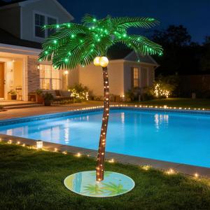 5ft Lighted Palm with Tree Skirt - 76 LED Lights with 14 Twinkling Lights & Glowing Coconuts, Tropical Decor for Indoor Outdoor Patio Garden Party