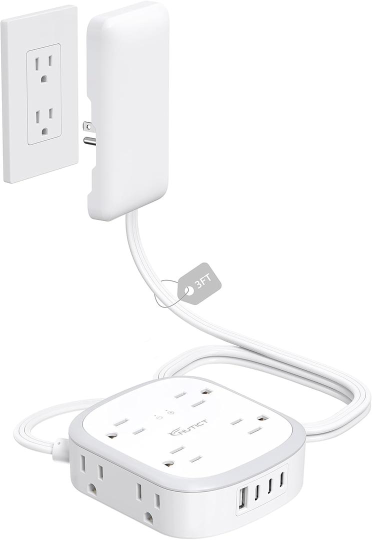 Outlet Cover Extension Cord Short 3ft, NUTICT Flat Plug Power Strip with 8 Outlets & 3 USB-C & 1 USB-A Port, 13A/1625W, 1440J Surge Protector, Indoor 3 Prong Flat Wall Plug for Tight Spaces, White